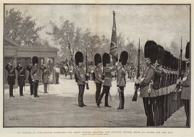 En parade à Wellington Barracks, les Scots Guards saluant les couleurs avant de monter la garde pour la journée - Charles Morel